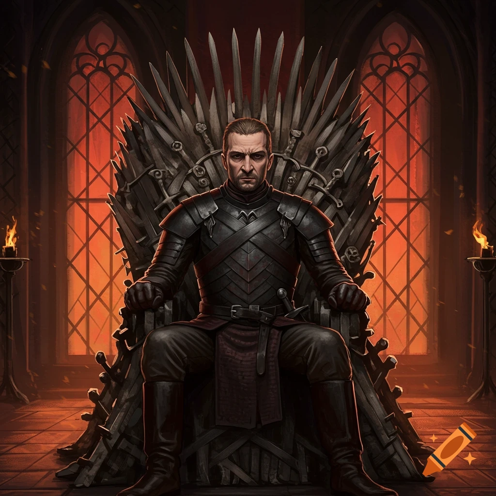A stern man in black armor sits on a large throne made of swords in a dark, red-lit hall.