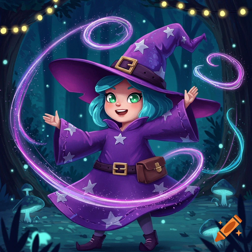 A cartoony witch with blue hair and a purple starry outfit casting a spell in a glowing forest.
