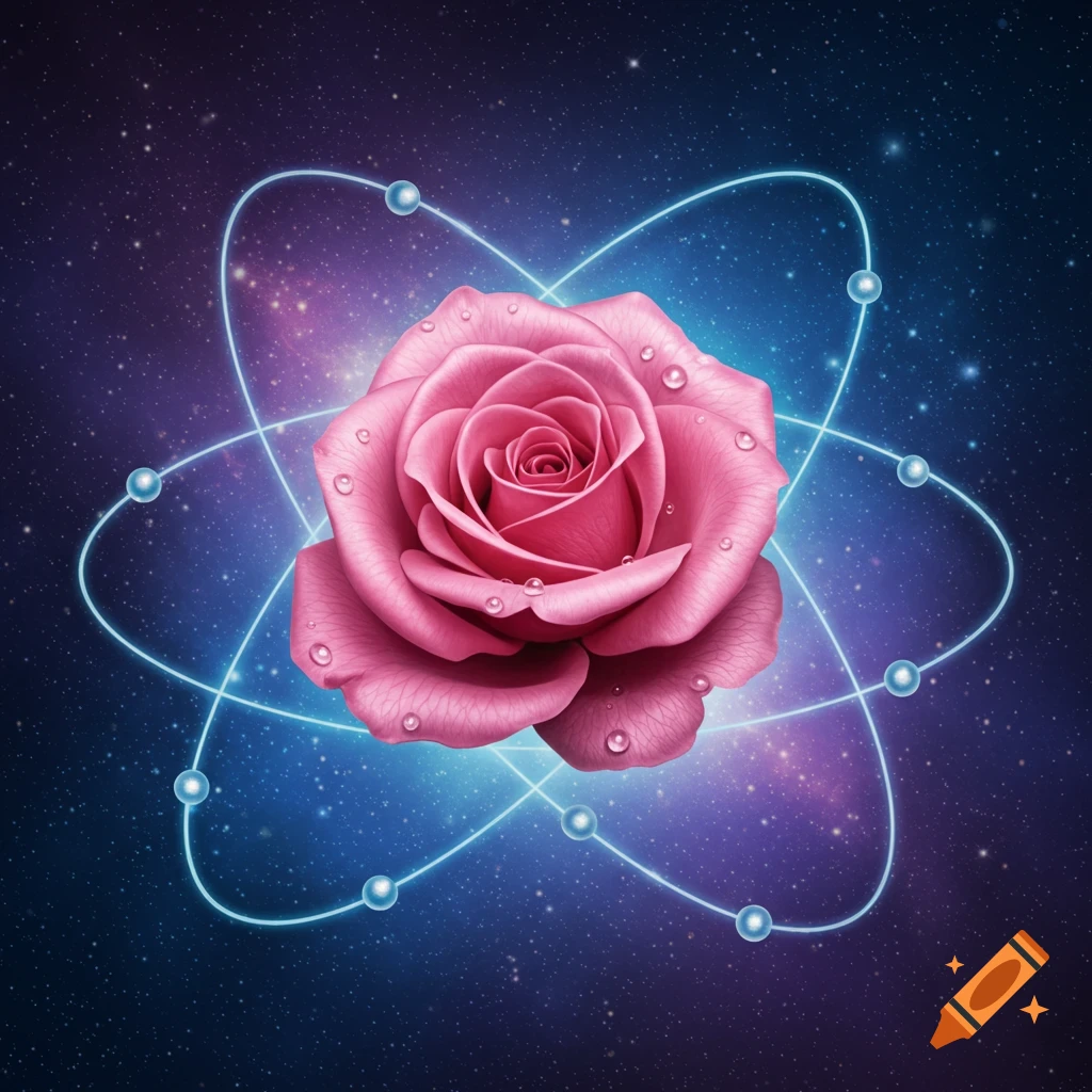 A pink rose with water droplets at the center of a glowing blue atomic structure against a cosmic galaxy background.