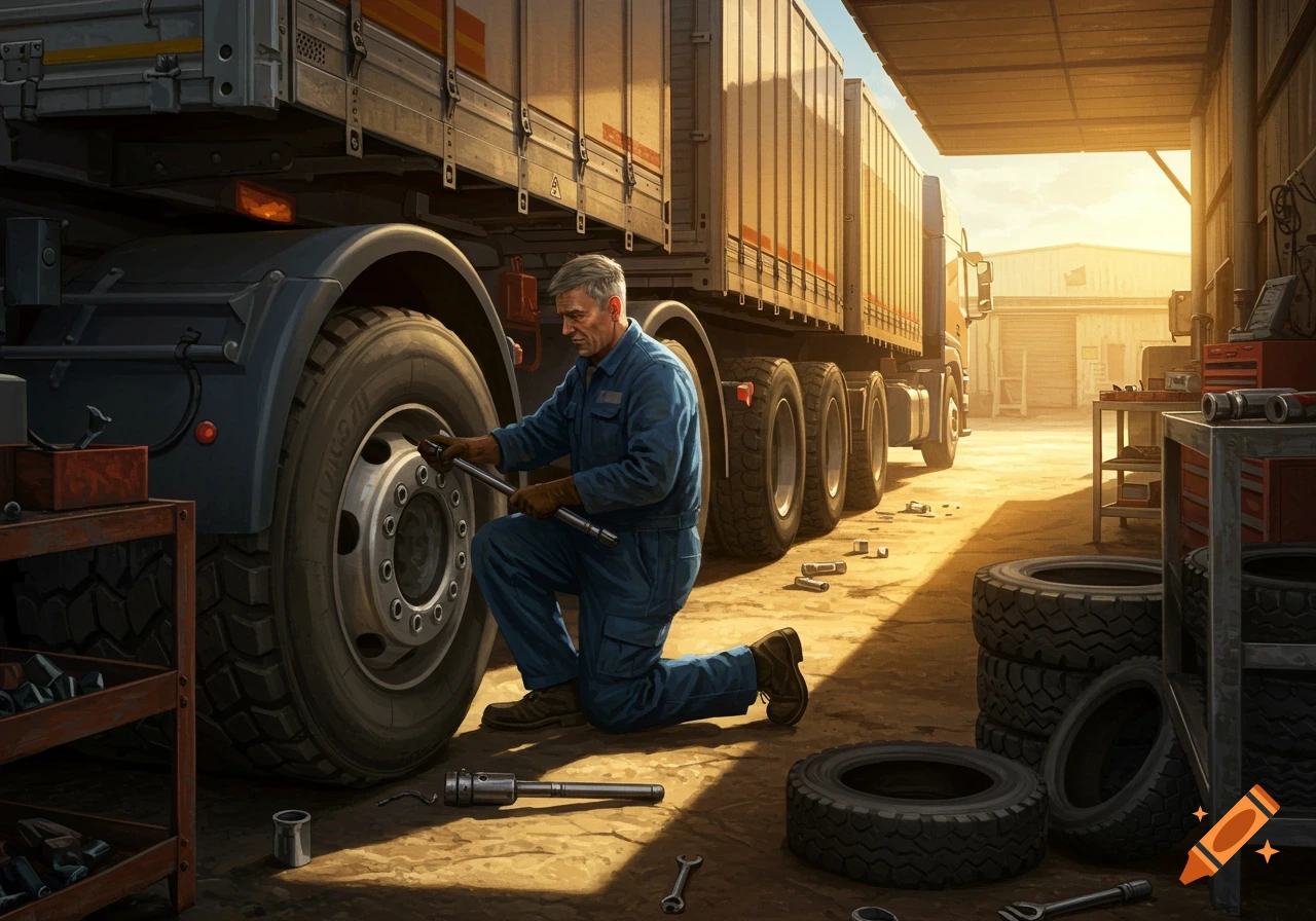 A professional mechanic kneels beside a large trailer truck, tightening lug nuts on a tire in a sunny outdoor maintenance yard.