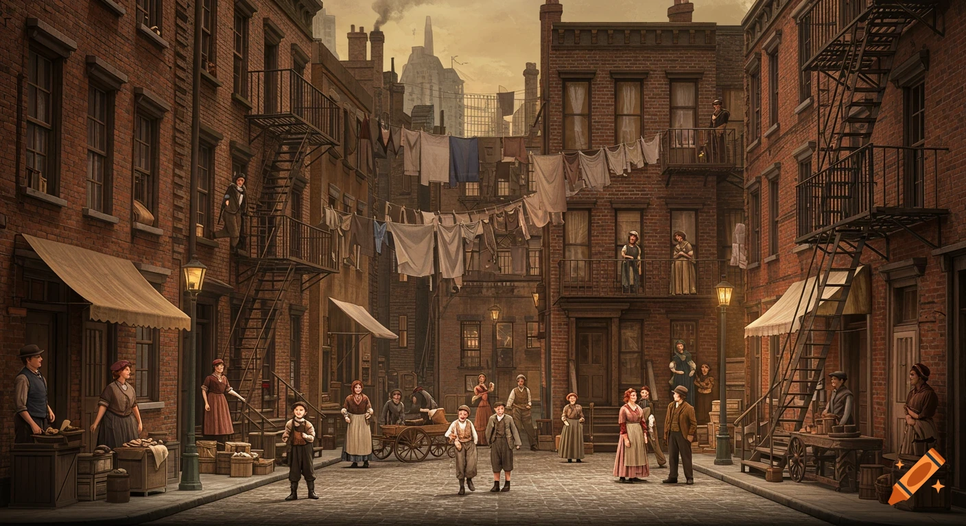 A detailed street view of 1900s NYC tenements with people, fire escapes, and laundry lines under a cloudy sky.