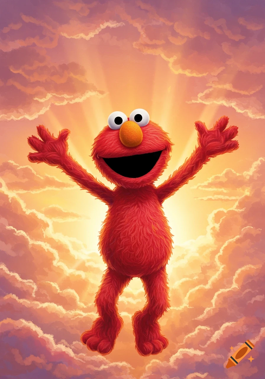 Excited Elmo with arms spread, rising against a bright, cloudy sky with sun rays.