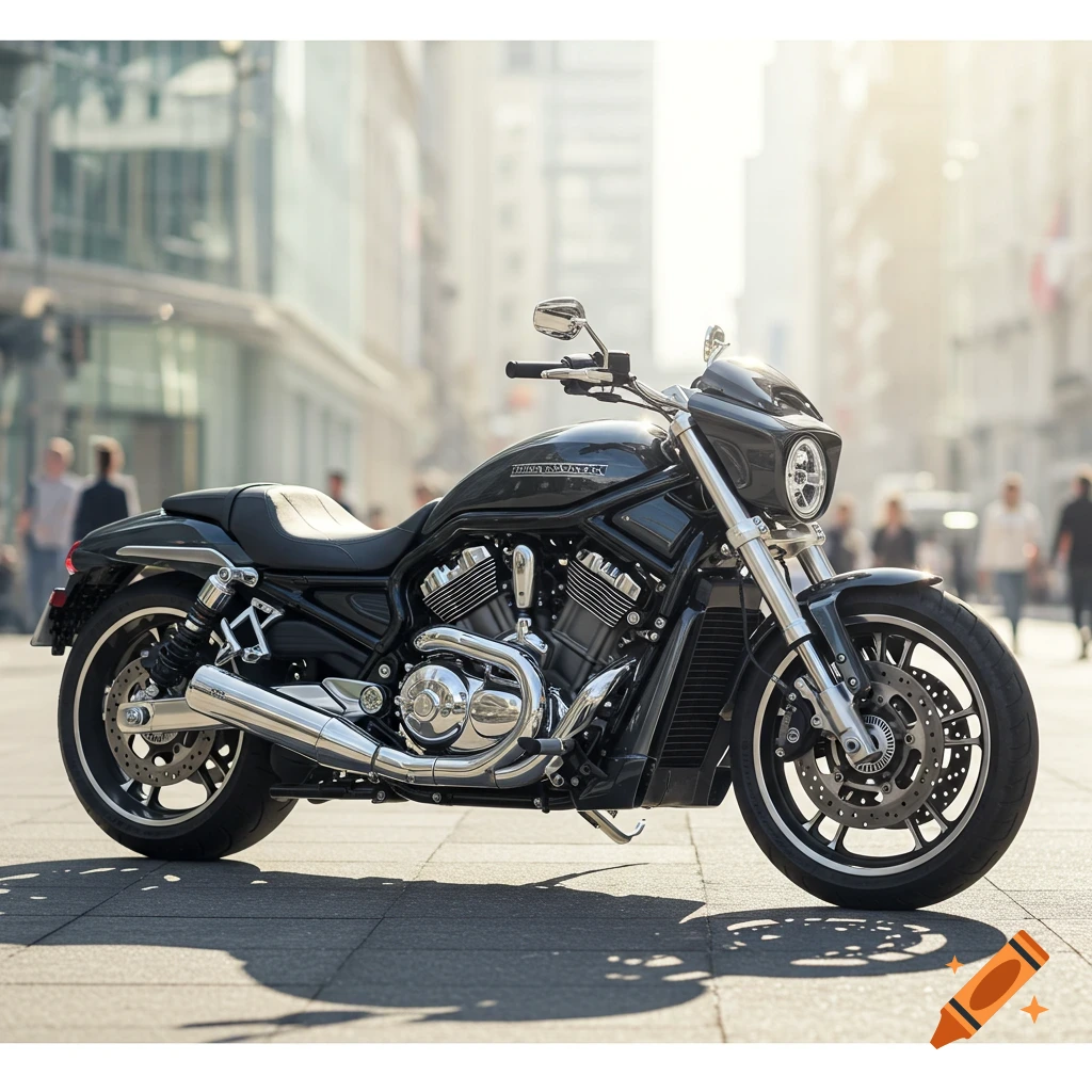 A black Harley Davidson motorcycle is parked on a city street in a photorealistic style.