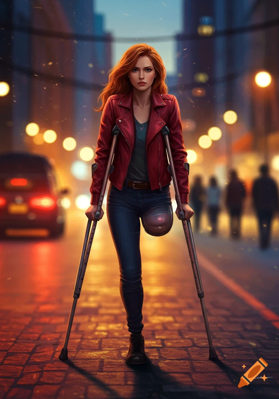 A determined female leg amputee on crutches walks down a city street at night.