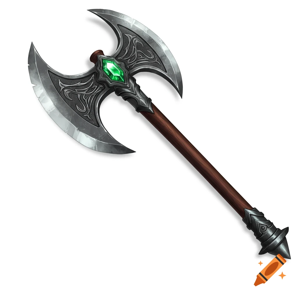 A detailed double-bladed greataxe with ornate silver blades, a brown handle, and a large green emerald inlay, on a white background.