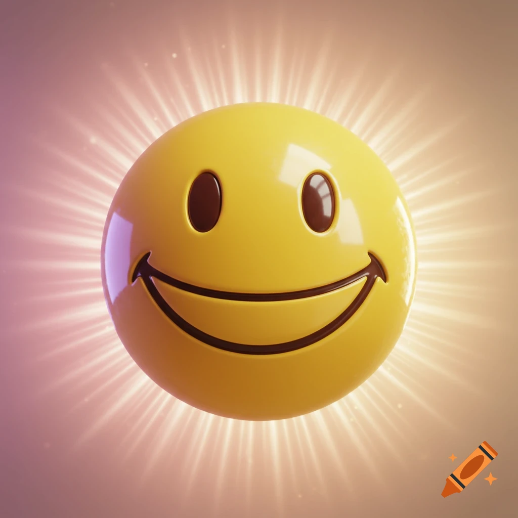 A 3D rendered yellow smiley face glowing with light on a soft background.