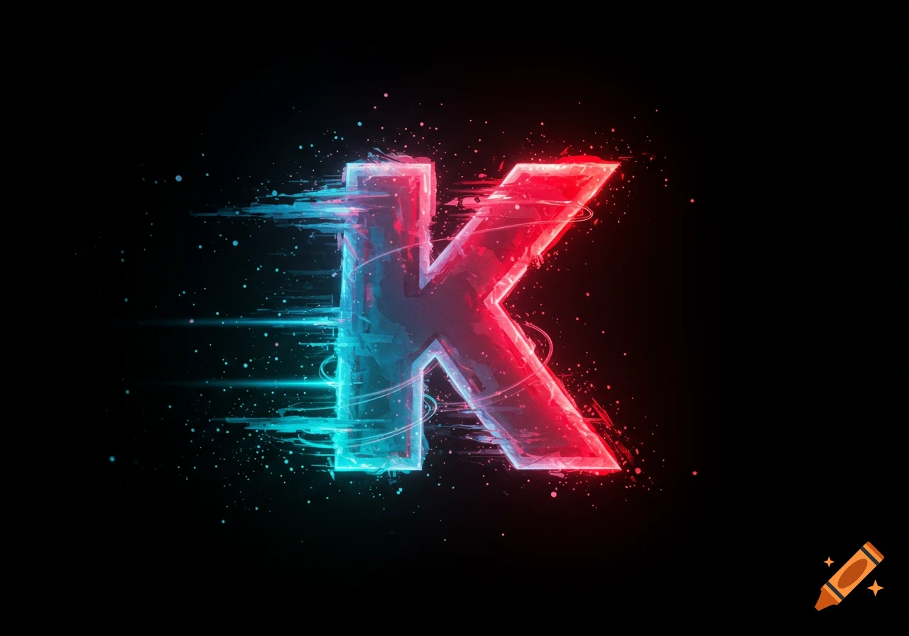 Stylized letter K with red and blue glowing effects and motion trails on a black background.