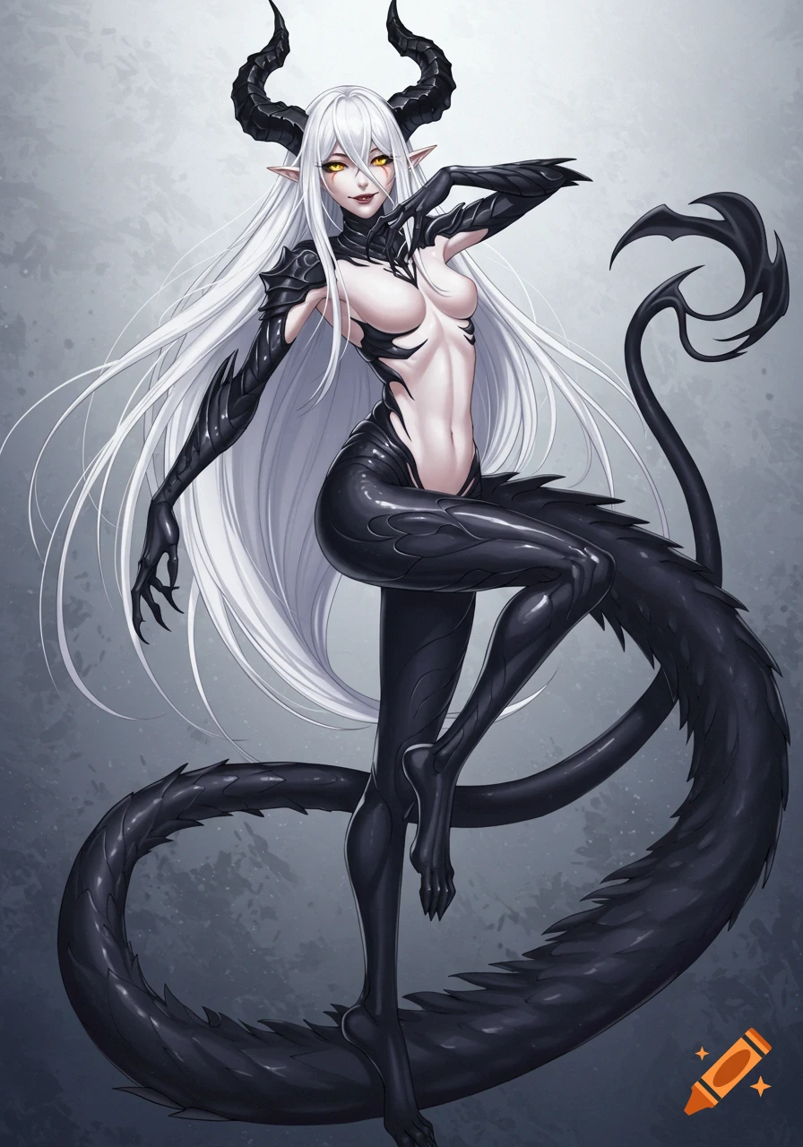 A full-body anime illustration of a female demon with long white hair, black horns, yellow eyes, and a black scaled body with a prehensile tail.