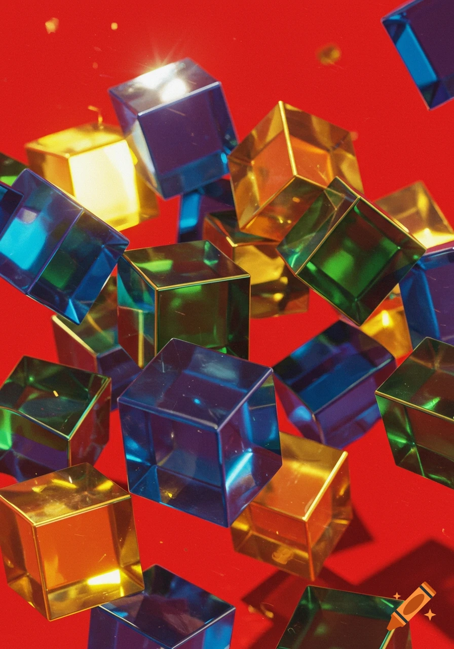 Scattered blue, green, and gold translucent cubes on a vibrant red background, with reflections and light glints.