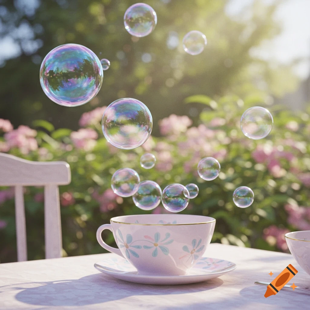 Photorealistic scene of a teacup with a floral pattern on a table, surrounded by floating, iridescent bubbles in a sunny garden.