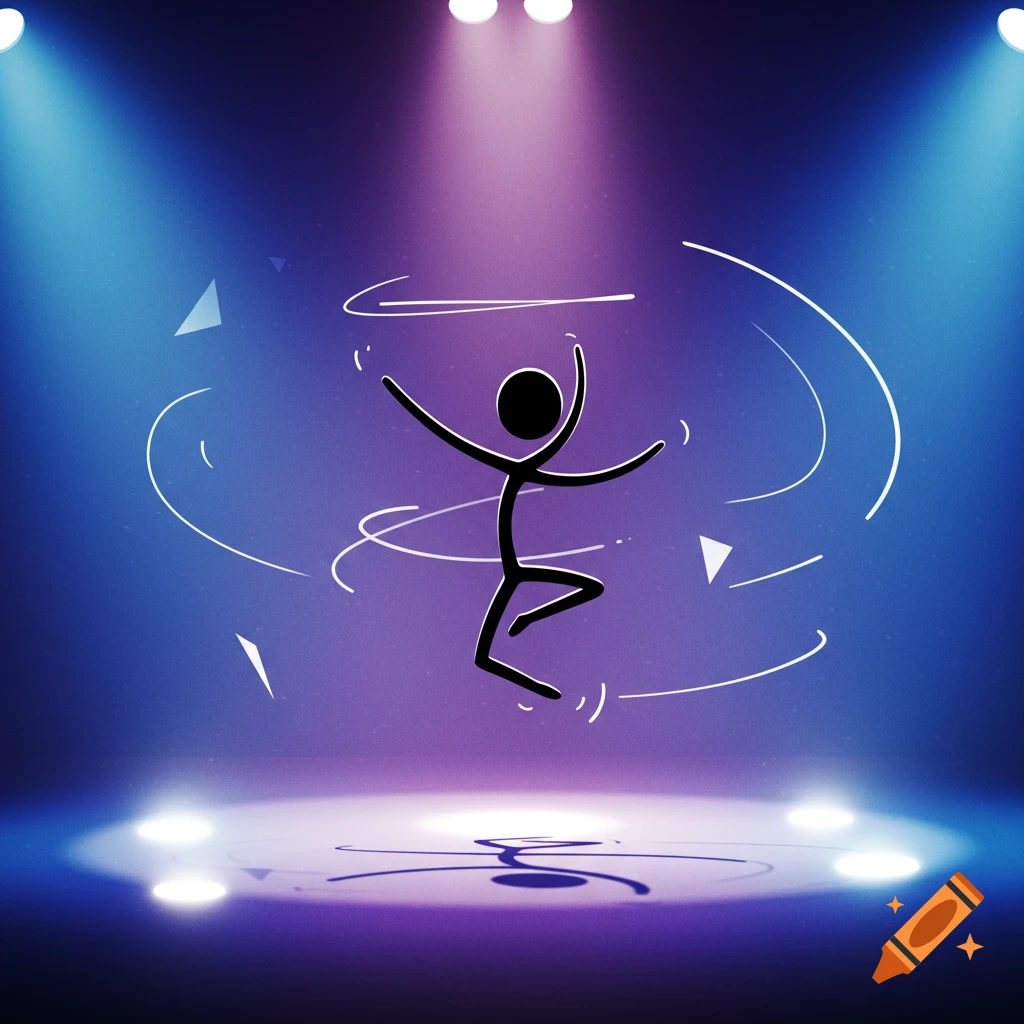 A black stick figure jumps and dances on a stage lit by blue and purple spotlights, with abstract white lines indicating movement.