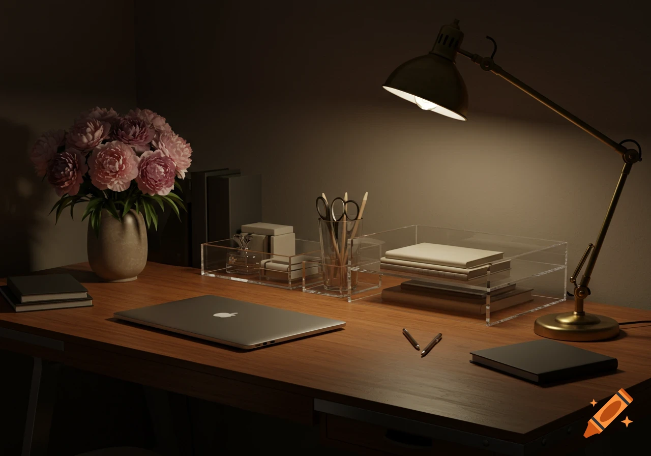 A meticulously organized desk at night, illuminated by a lamp, featuring a laptop, flowers, books, and clear acrylic organizers.