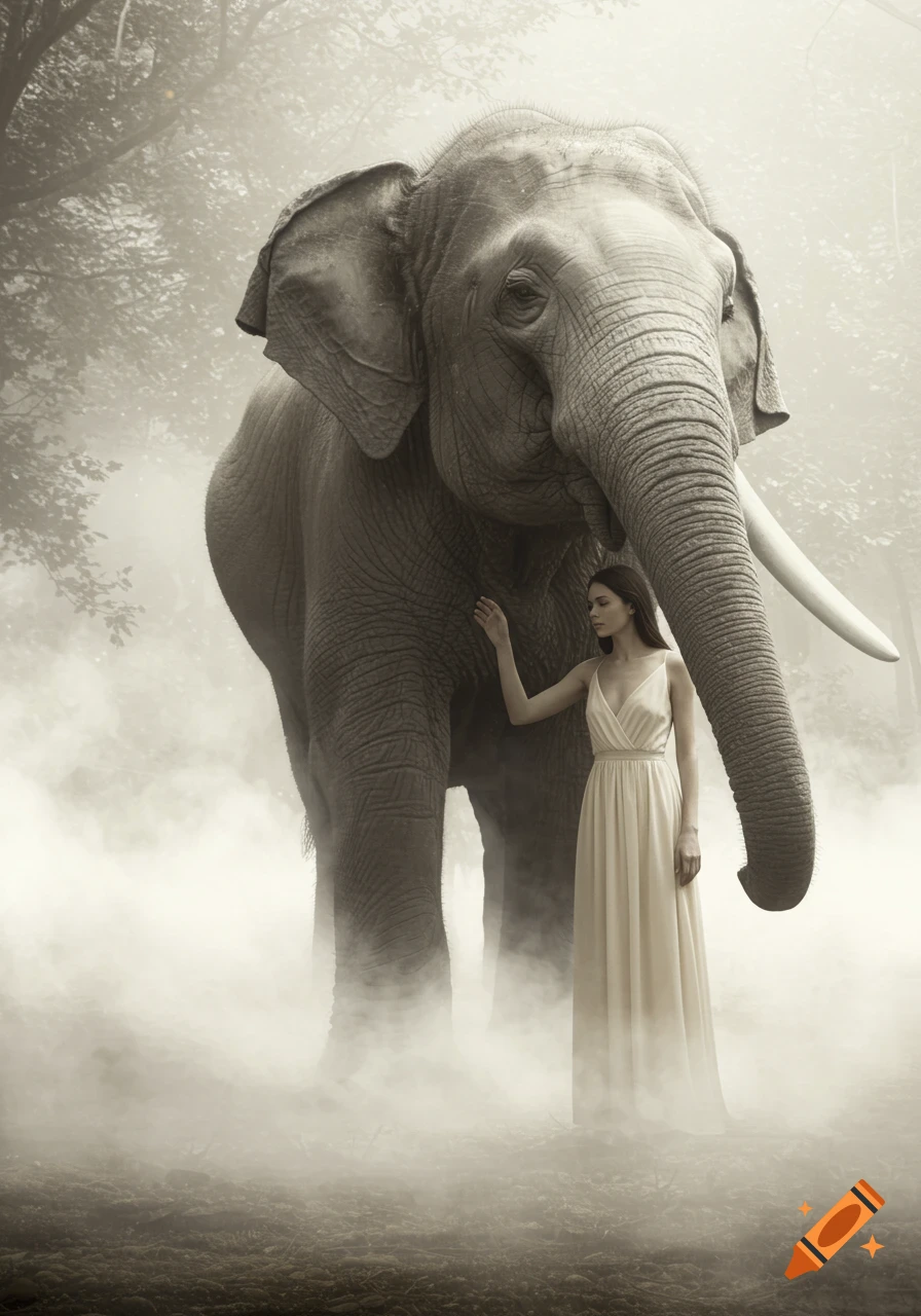 A woman in a light-colored dress stands next to a large elephant in a foggy, muted forest setting.