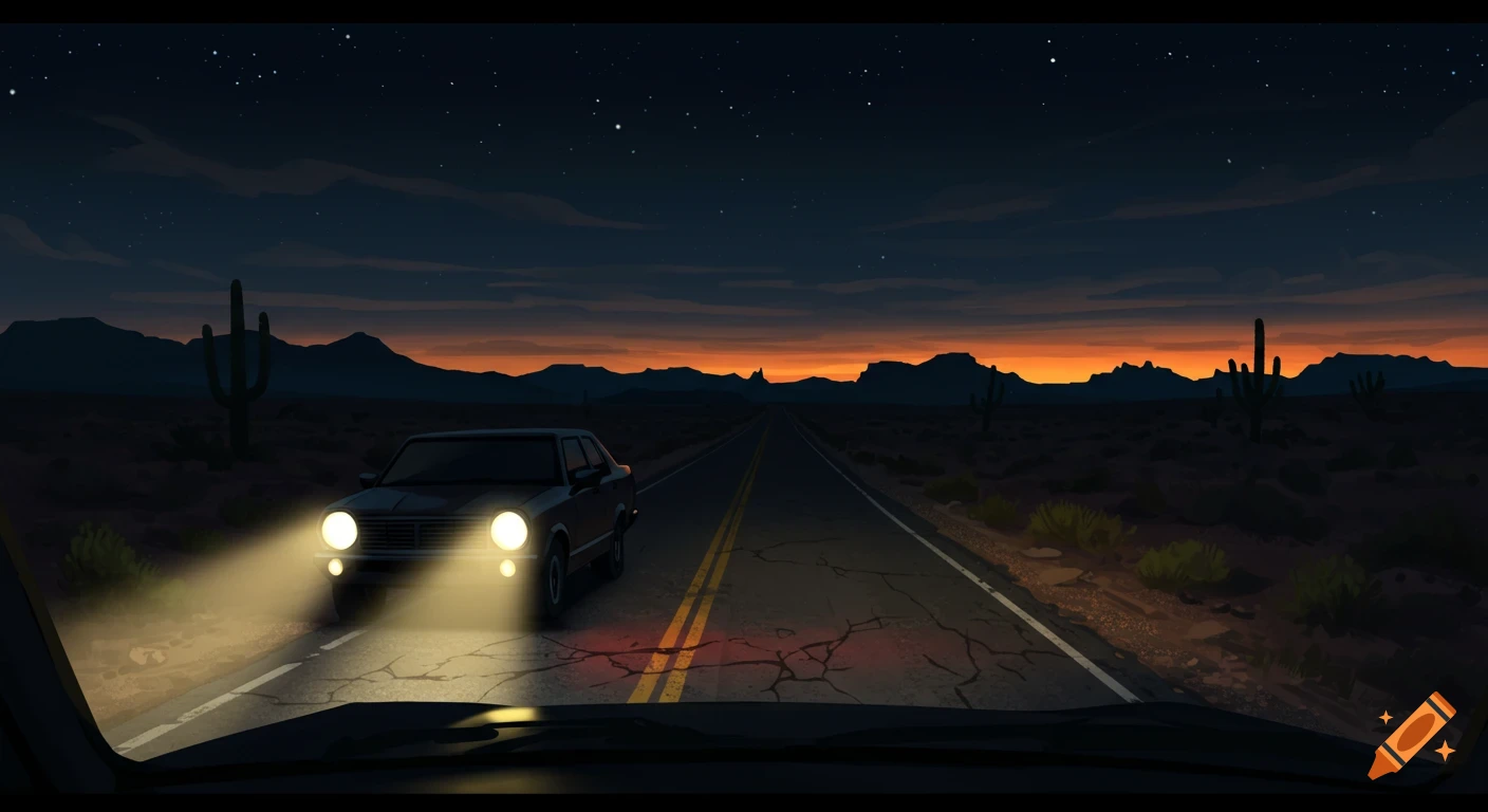 POV shot from a car at night, showing a car with bright headlights on a desert road with mountains and cacti under a starry sky. Stylized illustration.