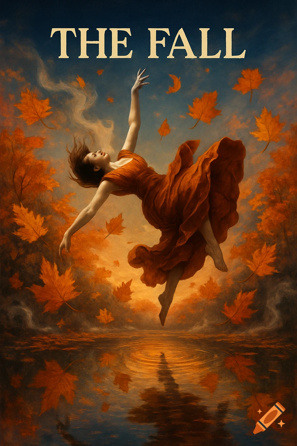 A woman in an orange dress falls amidst vibrant autumn leaves over reflective water, with 'THE FALL' text at the top, in a dramatic album cover style.
