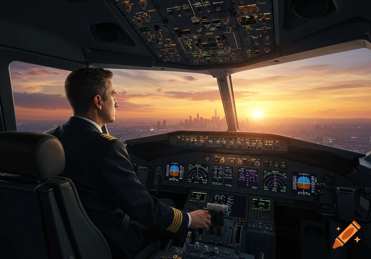 A pilot in a commercial airplane cockpit looks out the window at a city skyline during sunset, with instrument panels lit up.