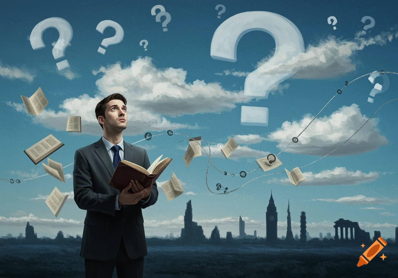 A man in a suit holds an open book, looking up at large question marks and floating books in a cloudy blue sky above a dark cityscape.