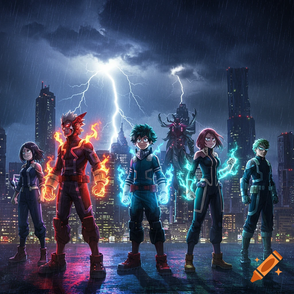 Five anime-style superheroes with glowing powers stand in a rainy city at night with lightning striking in the background.