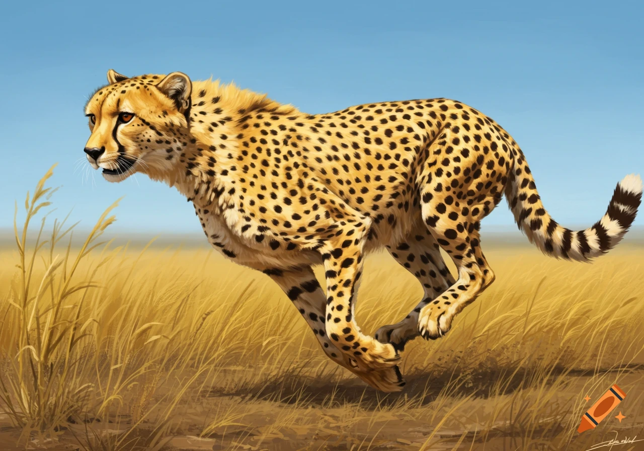 A photorealistic illustration of a cheetah running through golden grass under a clear blue sky.