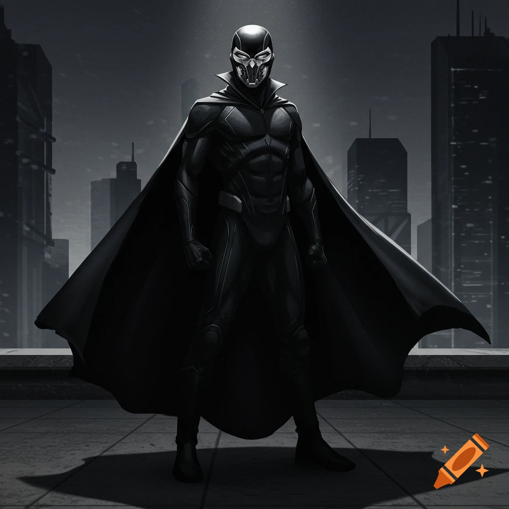 A menacing superhero in a sleek black suit, cape, and a chrome and silver mask stands on a dark city rooftop.
