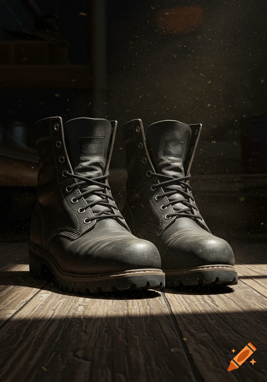 A pair of black leather work boots on a wooden floor, illuminated by a beam of sunlight with dust motes.