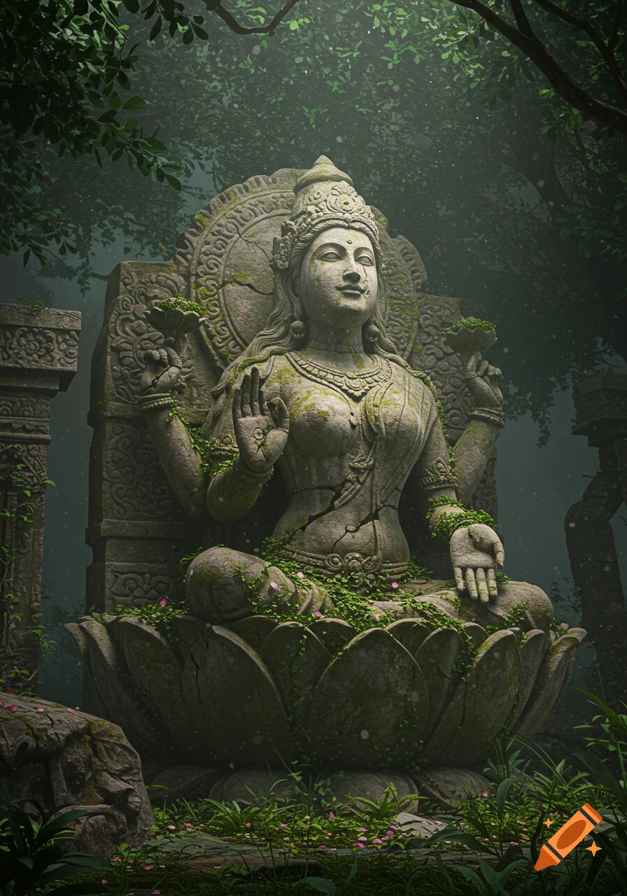 Moss-covered ancient stone statue of a deity in a misty jungle, overgrown with vines and pink flowers. Photorealistic.