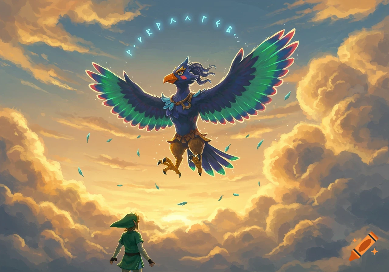Link stands on a cloud, looking up at a large blue and green Rito bird with glowing runes above its head, against a vibrant sunset sky.