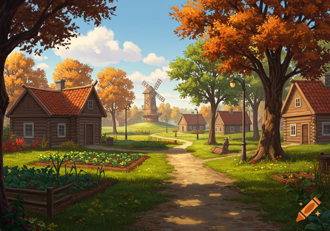 A colorful illustration of a peaceful rural village with wooden houses, a windmill, and autumn trees under a blue sky.