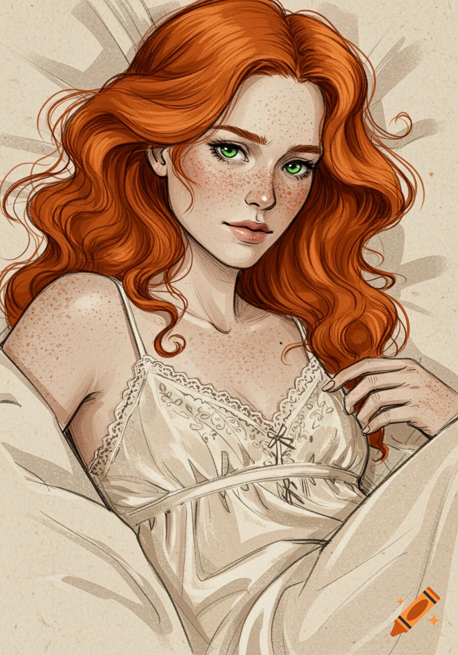 Sketch illustration of a red-headed woman with freckles and green eyes, lying down in a white nightgown.