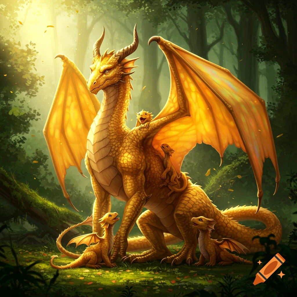 A large golden dragon with several small dragonlings in a sunlit forest.