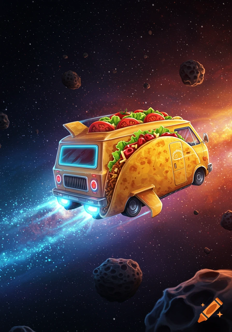 A whimsical, cartoon-style taco van with toppings flies through a vibrant, star-filled outer space, leaving a blue light trail.