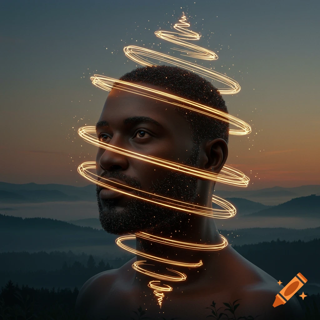 A Black man with a glowing golden light spiral around his head and torso, set against a mountain sunset background.