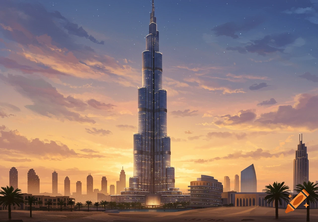 A tall, modern skyscraper, the Burj Khalifa, dominates a city skyline with palm trees under a vibrant orange and blue sunset sky.