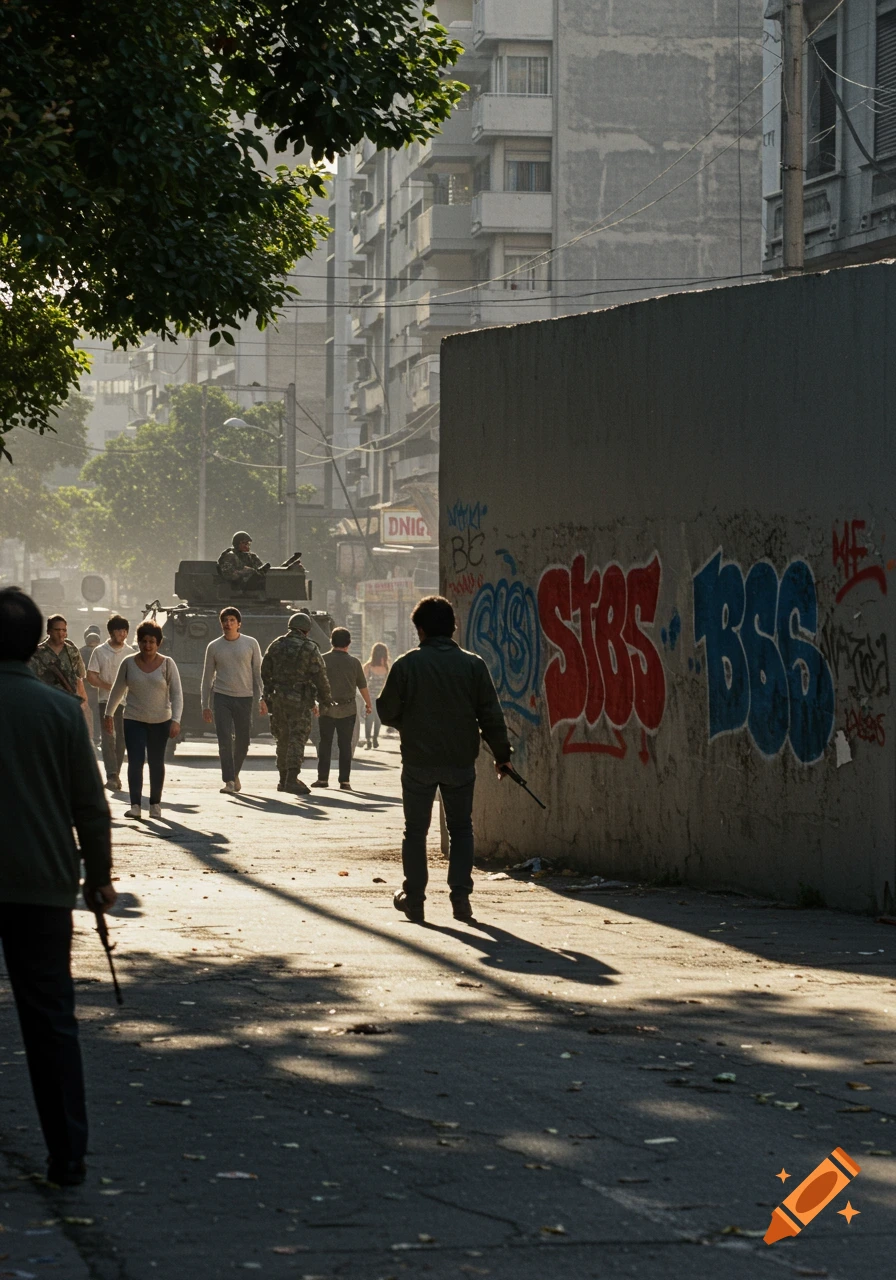 Photorealistic image of people and soldiers with a tank on a sunny, hazy city street with graffiti on a wall.