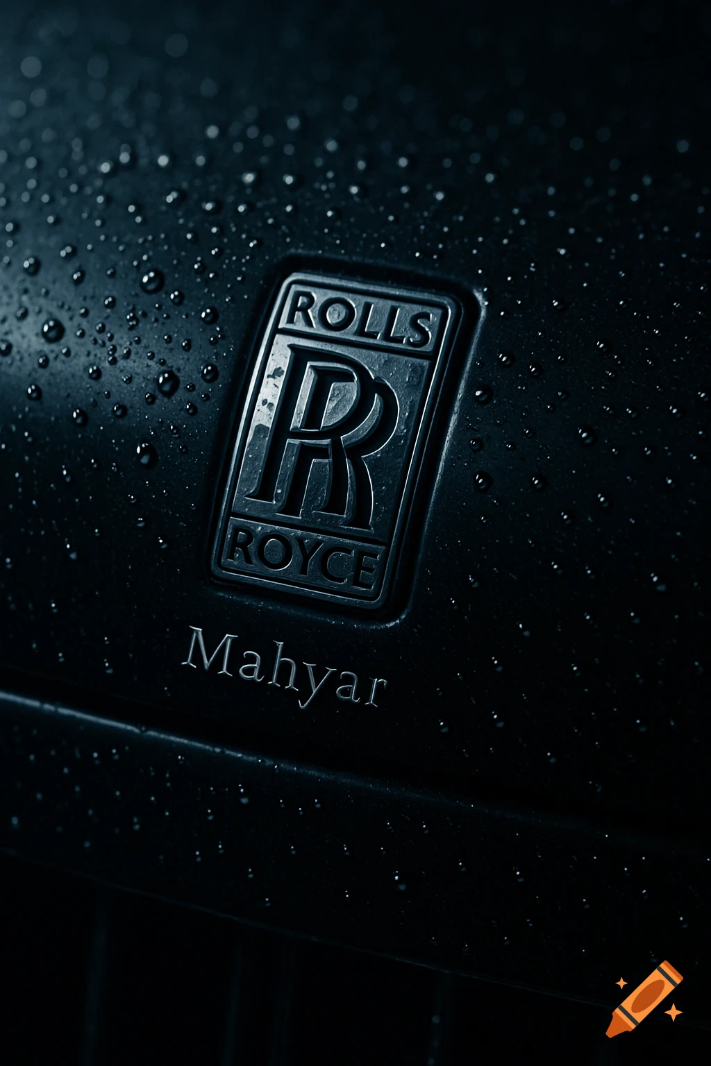 Close-up of a dark Rolls-Royce car hood with its logo and water droplets.