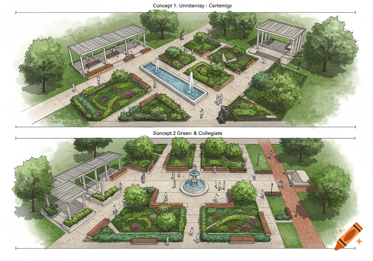 Two hand-drawn landscape architecture concept plans for a university plaza, featuring green spaces, water features, pergolas, and pathways in a sketch style.