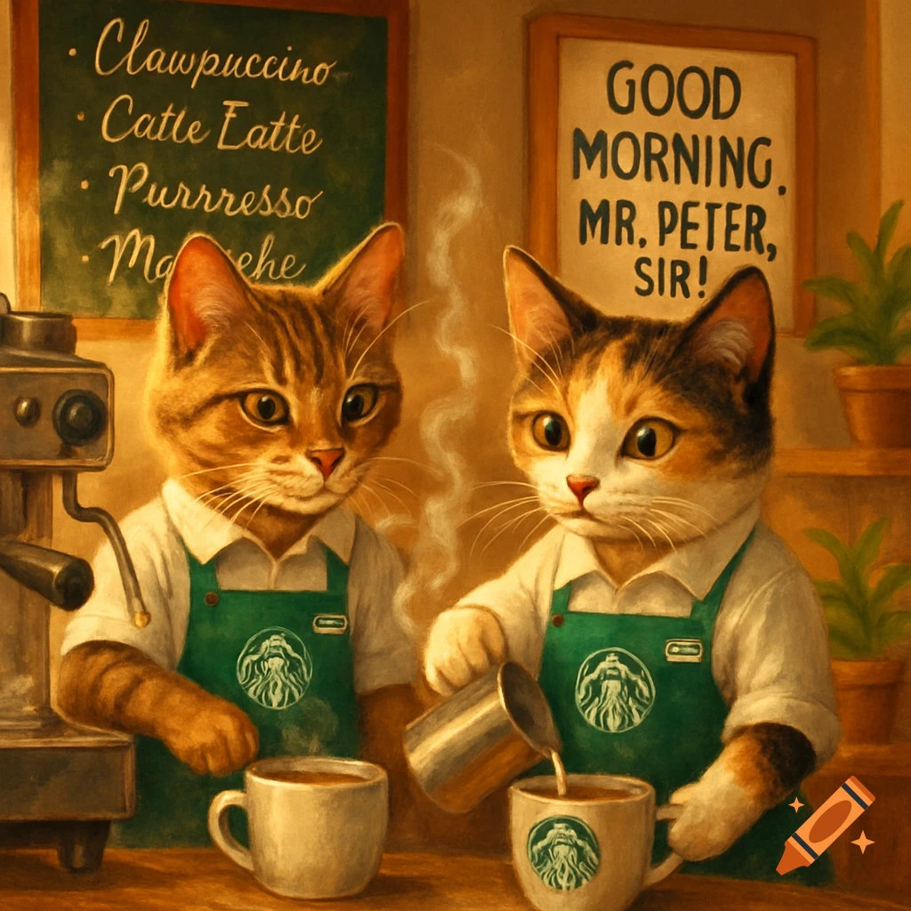 Two anthropomorphic cats in green aprons make coffee behind a counter, with menu items on a blackboard and a 'Good Morning' sign.