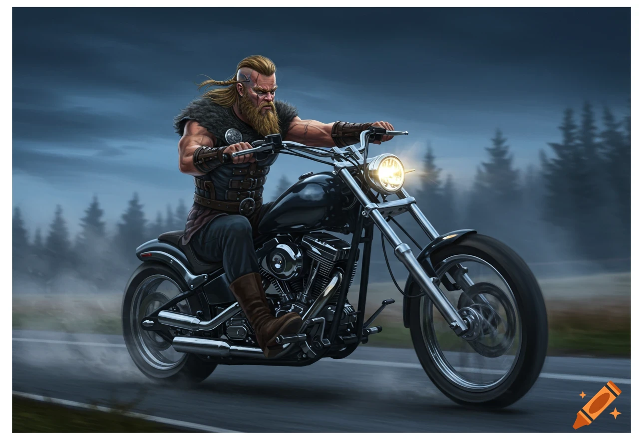 A muscular Viking warrior with a beard and braided hair rides a black chopper motorcycle on a dark, misty road, surrounded by blurred trees.