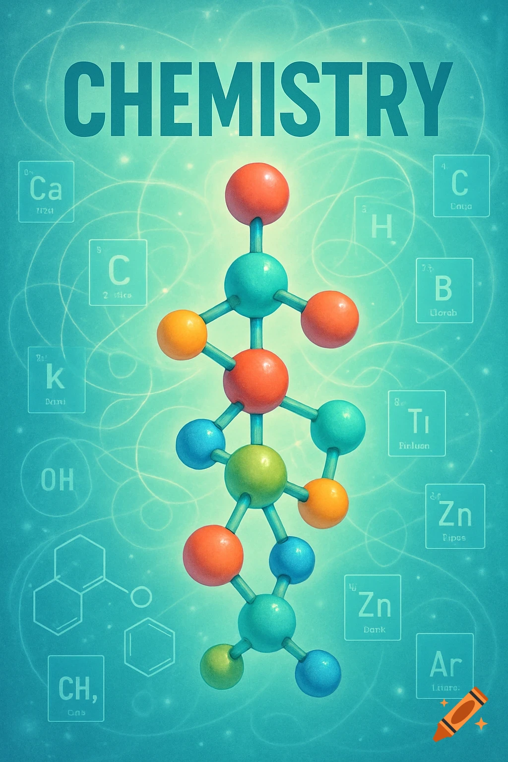 A vibrant chemistry poster with a large molecular model in the center, surrounded by glowing lines and various chemical element squares, all on a teal background.