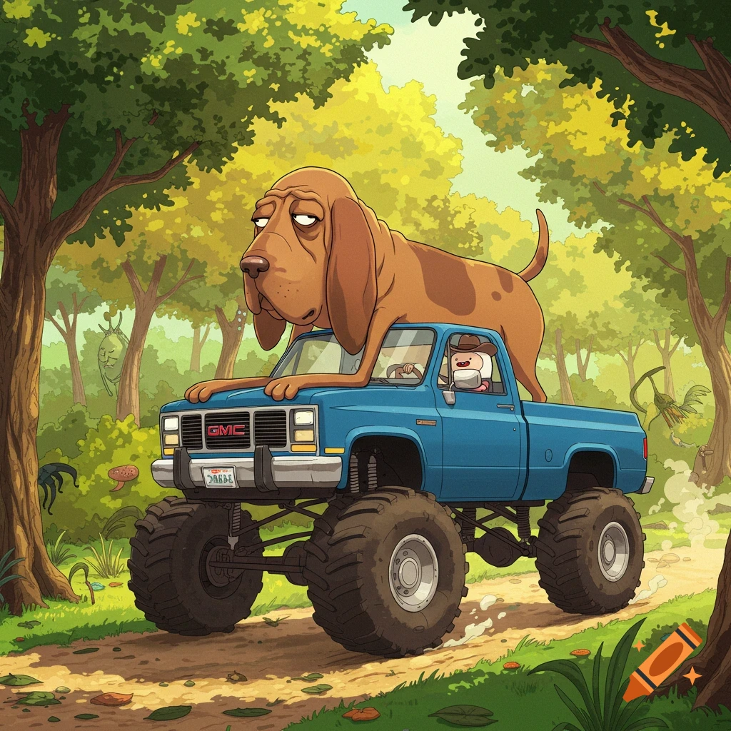 A stylized Adventure Time-inspired cartoon image of a large bloodhound dog driving a lifted blue GMC monster truck with a man in the passenger seat through a whimsical forest.