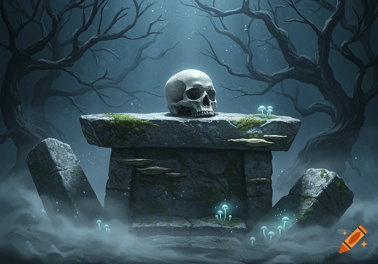 A human skull rests on a mossy stone structure amidst a foggy, dark forest with gnarled trees and glowing mushrooms, in a dark fantasy style.