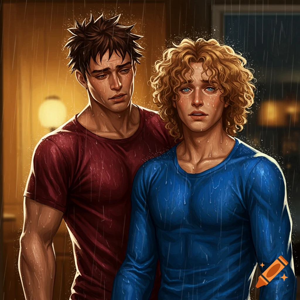 Two soaking wet anime men, one with spiky brown hair and a red shirt, the other with curly blonde hair and a blue shirt, looking relieved indoors.