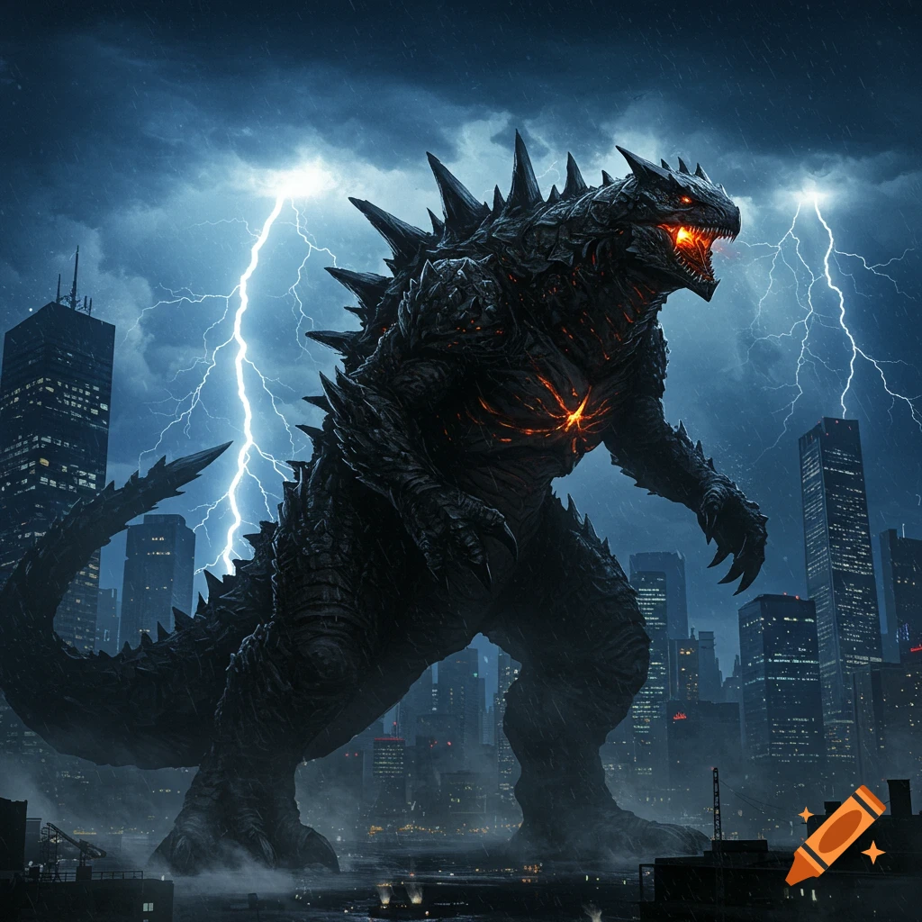 A colossal, dark, spiky kaiju with glowing eyes and chest roars amid skyscrapers during a stormy night with lightning.