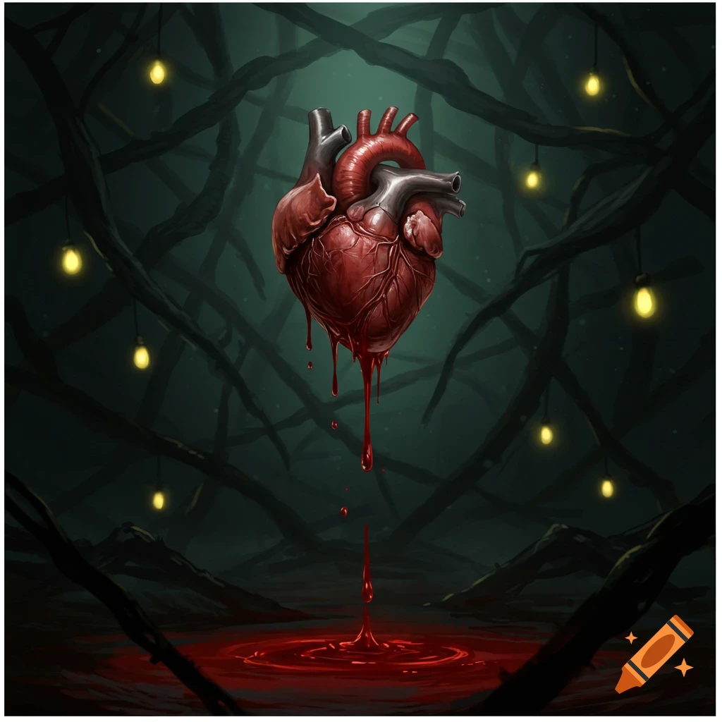 A realistic anatomical heart bleeds into a pool on the ground, surrounded by dark gnarled branches and glowing yellow lights.