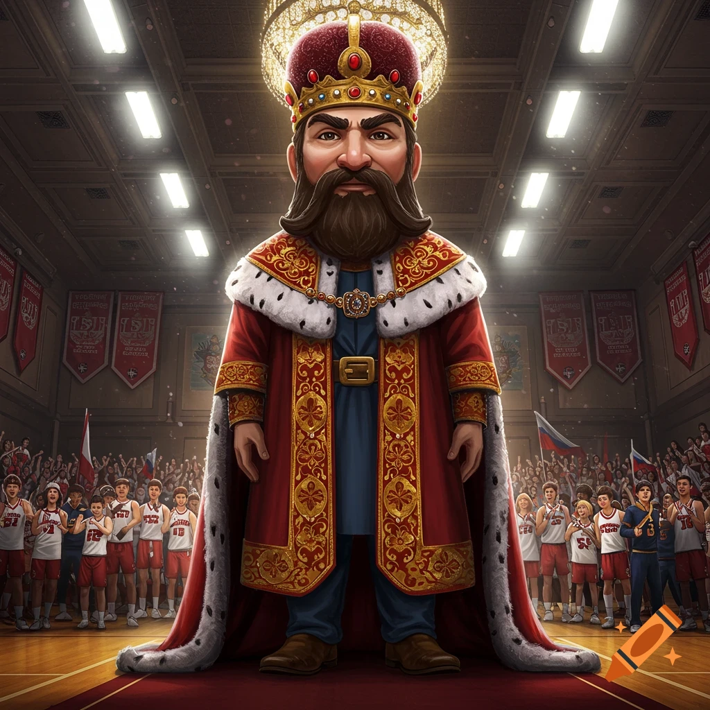 A cartoon-style king in a red robe and crown stands on a basketball court with players and spectators in a gym.