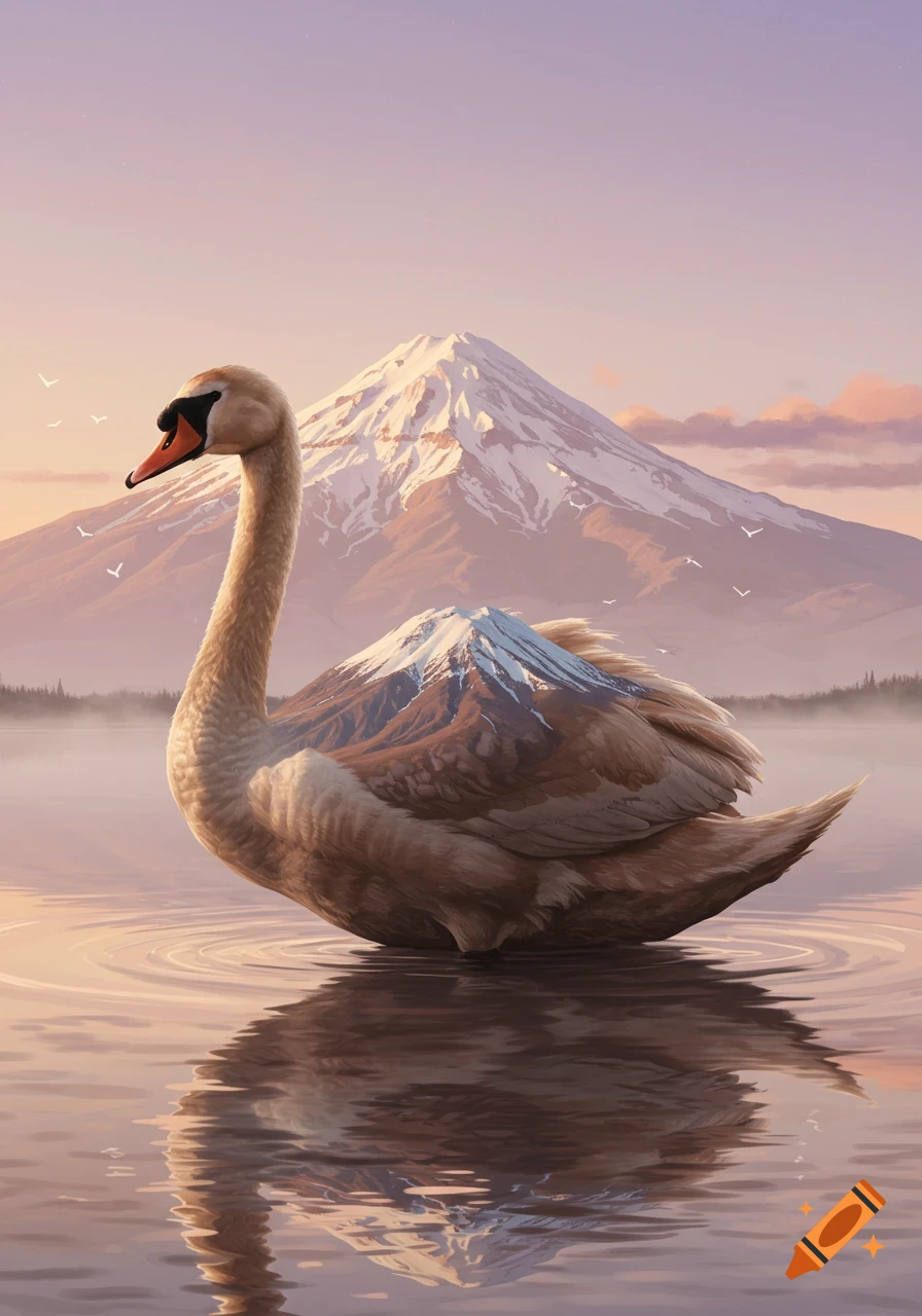 A surreal brown swan with a snow-capped mountain as its tail floats on calm water at sunrise, with a large mountain behind it.