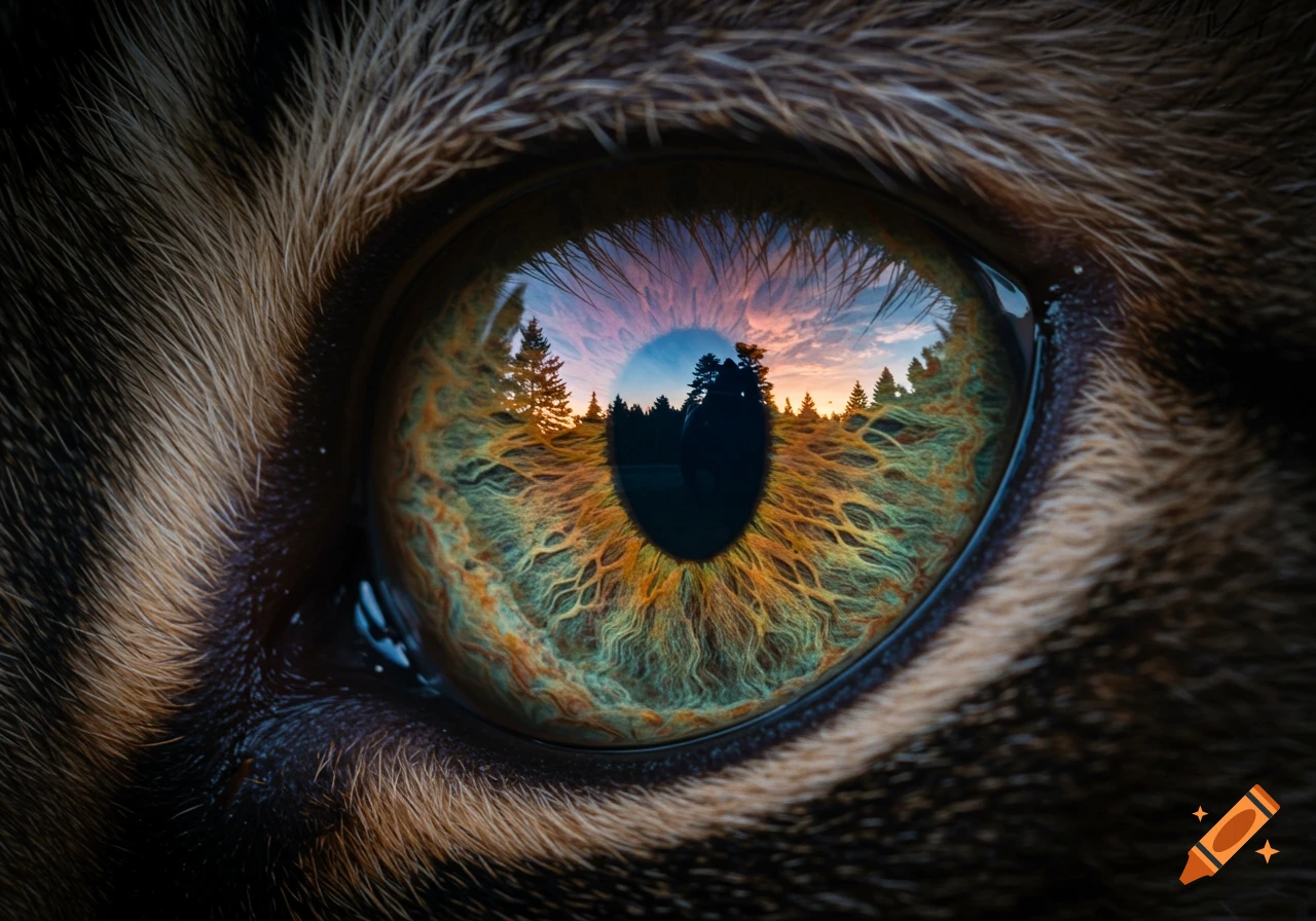 Photorealistic close-up of a cat's eye reflecting a forest sunset.