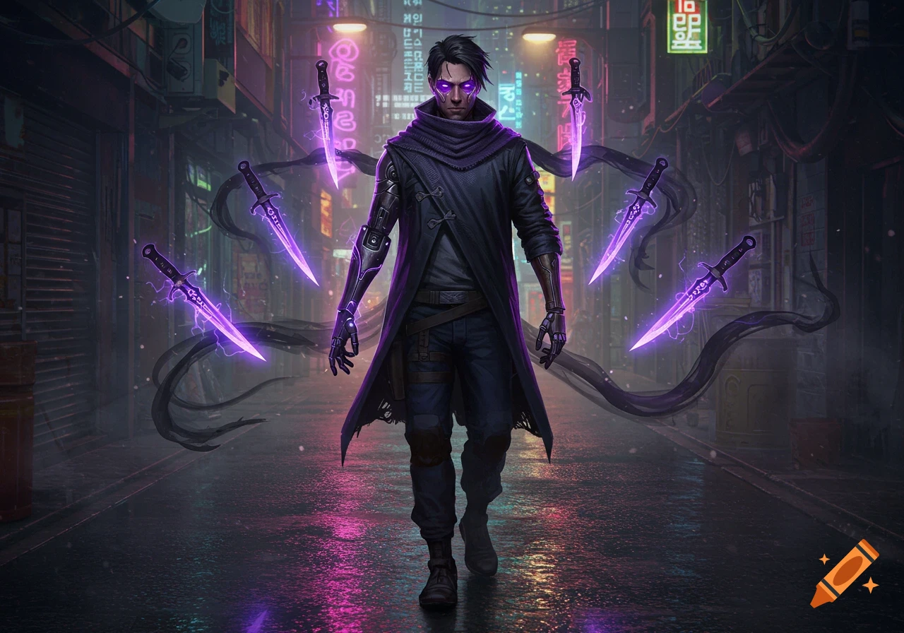 A mysterious man with glowing purple eyes and a cybernetic arm stands in a neon-lit cyberpunk alley, surrounded by floating purple daggers.