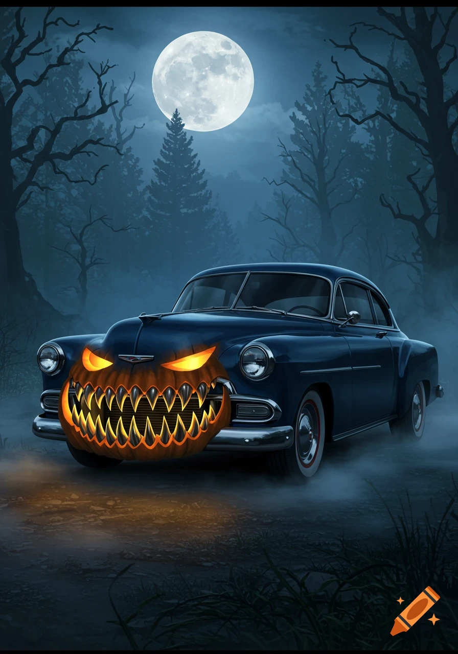 A vintage blue 1951 Chevy coupe with a glowing, jagged-toothed jack-o-lantern grill, parked in a spooky, misty forest under a bright full moon at night.