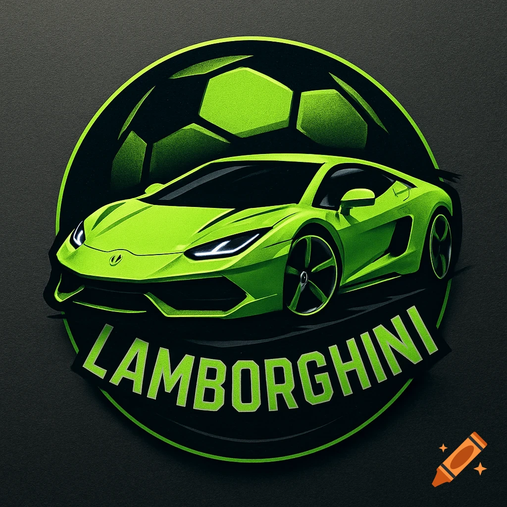 Neon green Lamborghini sports car in a black and green soccer ball logo with 'LAMBORGHINI' text.